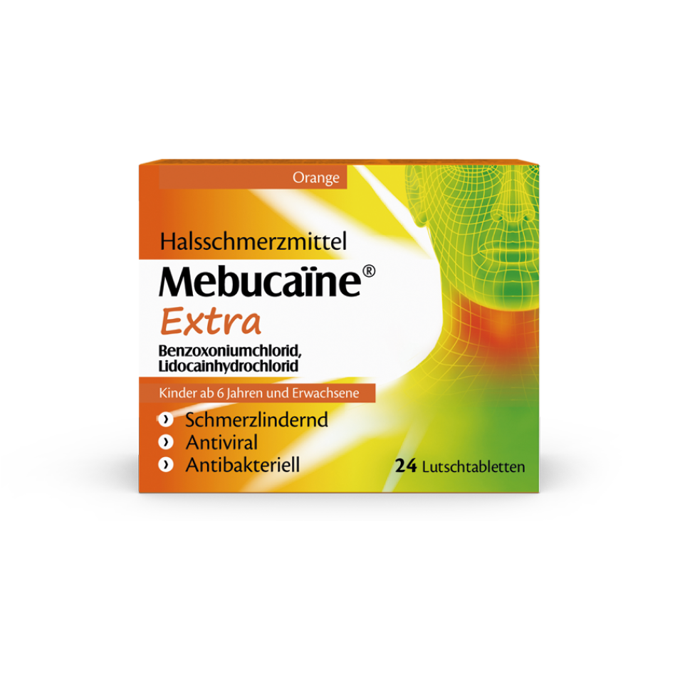 Mebucaïne Extra Packshot Orange Packung von Mebucaïne Extra Lutschtabletten zur Behandlung von Halsschmerzen mit antiviraler & antibakterieller Wirkung.