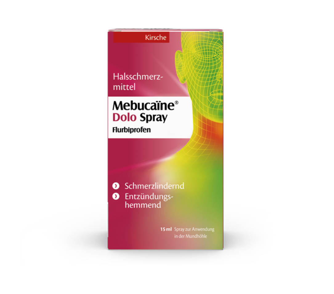 Mebucaïne Dolo Spray Pinke Packung Mebucaïne Dolo Spray zur gezielten Behandlung von Halsschmerzen und Entzündungen im Rachenraum.