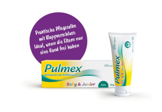 Pulmex Baby & Junior Salbe Verpackung mit Tube davor, mit Hinweis auf den praktischen Klappverschluss für Eltern.