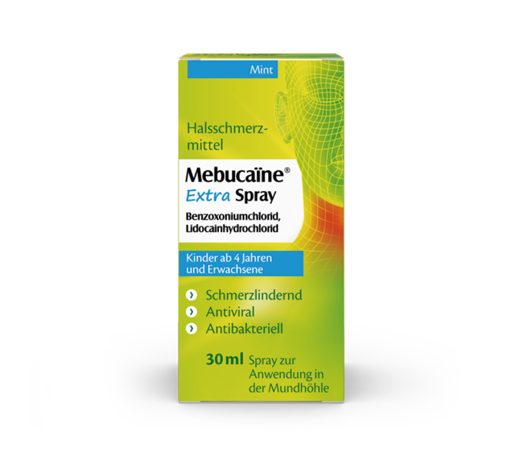 Mebucaïne Extra Spray Packshot Hellgrüne Packung Mebucaïne Extra Spray zur Behandlung stärkerer Halsschmerzen mit antiviraler & antibakterieller Wirkung.