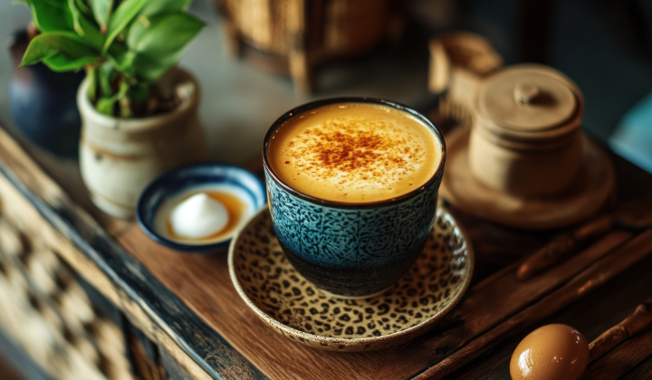 Un café au lait est servi dans une tasse bleue et turquoise sur une caisse en bois. À côté, il y a une boîte en bois en bois de sucre, un petit bol avec un biscuit et une petite plante verte.