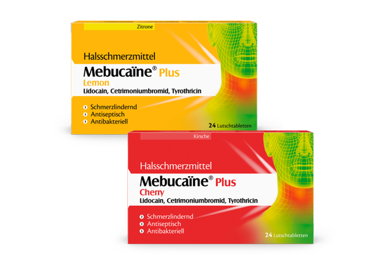 Mebucaïne Plus Verpackungen Zwei Packungen des Halsschmerzmittels Mebucaïne Plus in den Aromen Zitrone und Kirsche, schmerzlindernde Lutschtabletten.