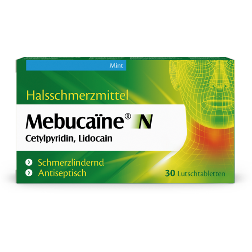 Mebucaïne N Verpackung, Halsschmerzmittel als Lutschtabletten in Mintaroma.