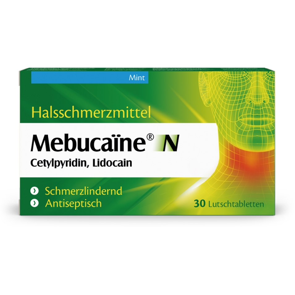 Mebucaïne N Packshot Grüne Packung des Halsschmerzmittels Mebucaïne N mit 30 Lutschtabletten zur Behandlung von Halsschmerzen.