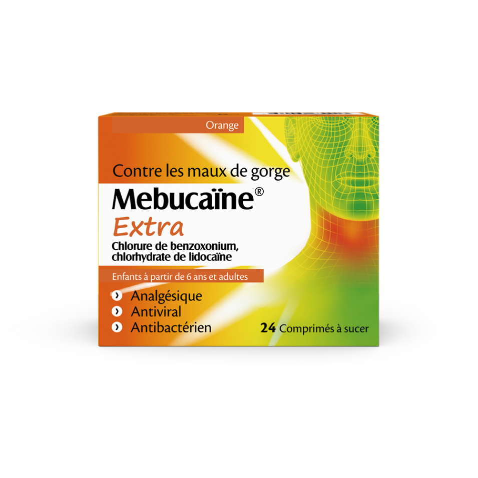 Emballage des pastilles pour la gorge Mebucaïne Extra.