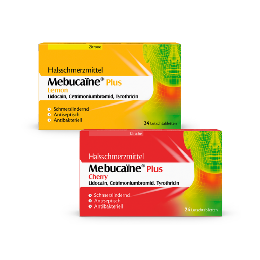 Zwei Mebucaïne Plus Verpackungen, Halsschmerzmittel als Lutschtabletten in den zwei Aromen Zitrone und Kirsche.