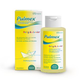 Pulmex Baby & Junior Erkältungszeit Bad mit Flasche und Verpackung, Badezusatz mit ätherischen Ölen