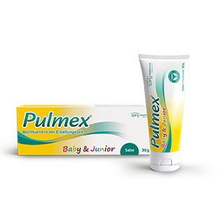Pulmex Baby & Junior Salbe in Tube vor der Verpackung, wohltuende Erkältungssalbe für Kinder und Babys ab 3 Monate