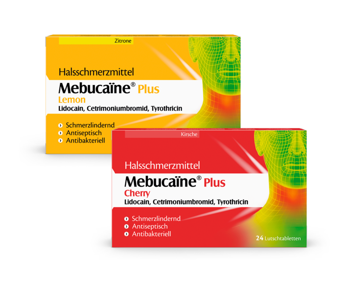 Mebucaïne Plus Packshots Zwei Packungen des Halsschmerzmittels Mebucaïne Plus in den Sorten Lemon und Cherry als Lutschtabletten.