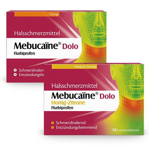 Zwei Mebucaïne Dolo Verpackungen, Halsschmerzmittel als Lutschtabletten mit Flubiprofen in Honig-Zitrone und Orangenaroma.