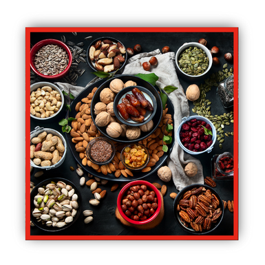 Différents récipients contenant diverses sortes de noix. Cacahuètes, amandes, pistaches, noisettes, noix de pécan, graines de tournesol, graines de courge, noix de cajou, noix du Brésil, graines de lin, dattes, raisins secs, baies de goji, canneberges.