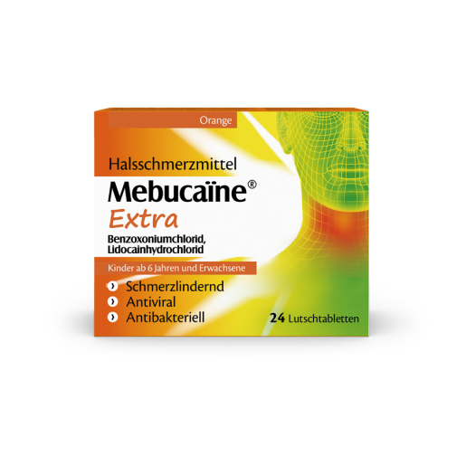 Mebucaïne Extra Verpackung, Halsschmerzmittel als Lutschtabletten mit Zitronenaroma für Kinder ab 6 Jahren.
