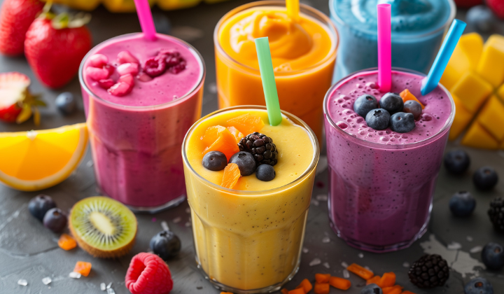 Des smoothies aux fruits colorés en rose, jaune, orange et bleu. Fabriquées à partir de fraises, de myrtilles, de framboises, d'oranges, de mangues et de noix de coco.