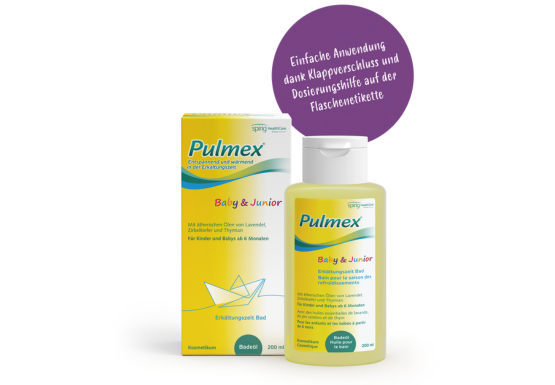 Pulmex® Baby & Junior Erkältungszeit Bad Packshot und Flasche