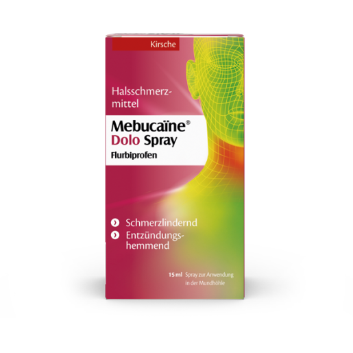 Mebucaïne Dolo Spray Verpackung, Halsschmerzmittel als Spray mit Kirschearoma bei starken Halsschmerzen.
