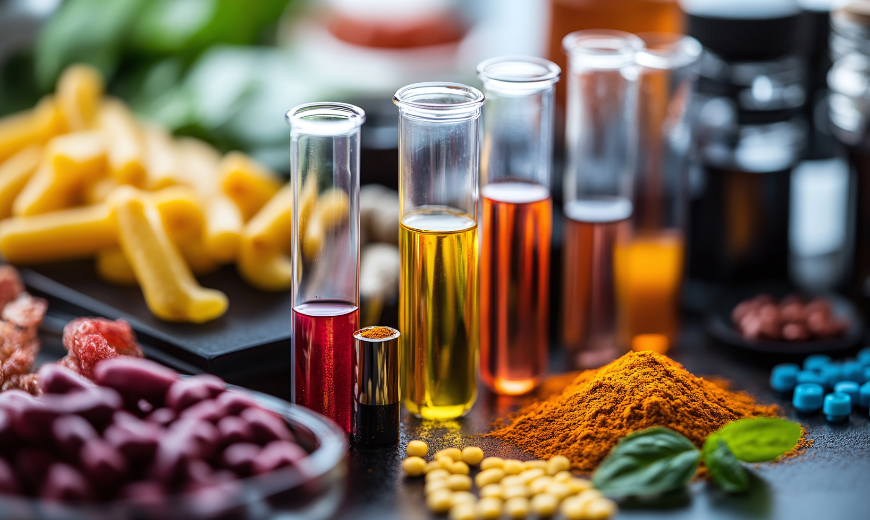 Des tubes à essai colorés, remplis de différents liquides, entourés de divers ingrédients alimentaires et épices, y compris des pâtes, des herbes et de la poudre de curcuma.