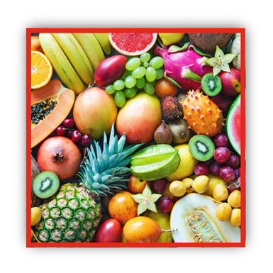 Une grande variété de fruits, ananas, kiwi, grenade, carambole, papaye, melon, mangue, raisin, fruit du dragon, banane, citron, orange, pêche, noix de coco, lichis.