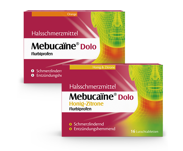 Mebucaïne Dolo Packshots Zwei pinke Packungen des Halsschmerzmittels Mebucaïne Dolo in den Sorten Orange und Honig-Zitrone als Lutschtabletten.