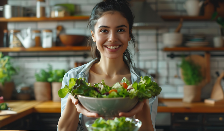 Une jeune femme aux cheveux foncés attachés tient des deux mains un saladier de feuilles vertes et de tomates. Elle se tient dans une cuisine.